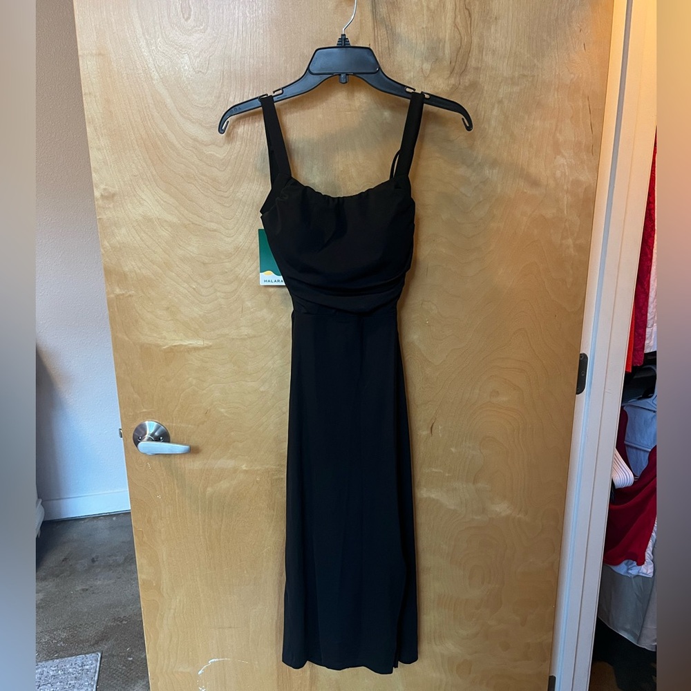 HALARA Ruched Backless Crisscross Lace Up Slit Bodycon Midi Casual Black Dress